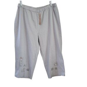 Linen with Love Sz L Gray Embroidered Button High Rise Linen Blend Pull On Pants